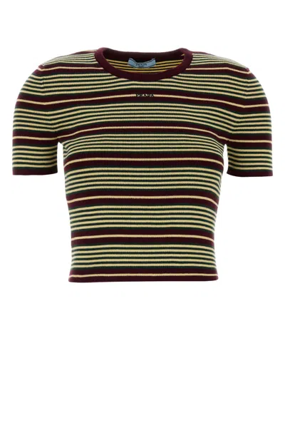 Prada Embroidered Cotton Blend Striped Knit Top In Multi