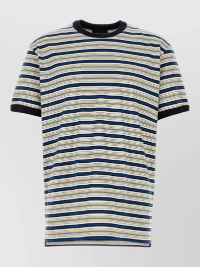 Prada Embroidered Cotton Crew Neck Striped T-shirt In Gray
