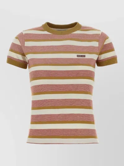 Prada Embroidered Cotton Crew Neck Striped T Shirt In Brown