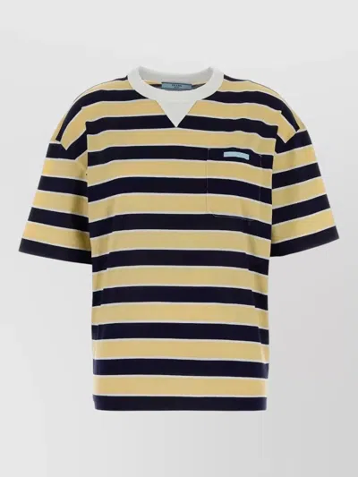 Prada Embroidered Cotton Striped Crew Neck T Shirt In Brown