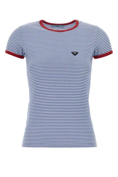 Prada Embroidered Cotton T Shirt In Blue
