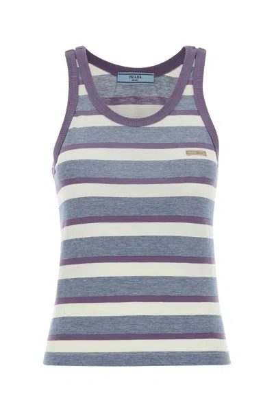 Prada Cotton Tank Top Striped Ribbed Trim Sleeveless In Multi