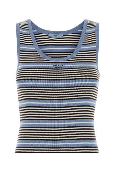 Prada Embroidered Cotton-blend Tank Top In Stripped