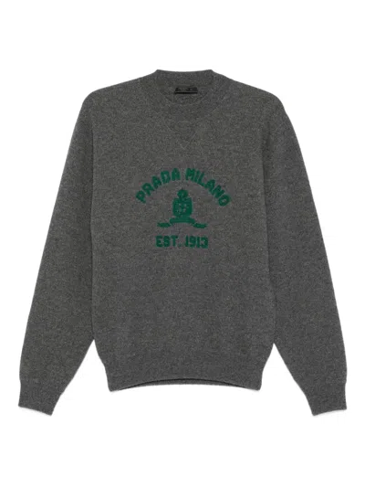 Prada Embroidered Crew-neck Sweater In Gray