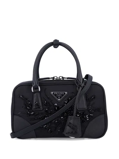 Prada Embroidered Detailing Mini Bag In Black