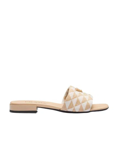 Prada Embroidered Slides In Beige