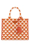 Prada Small Embroidered Fabric Shopping Bag With Triangle Pattern In Aranciobianco