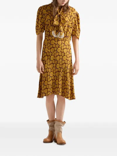 Prada Embroidered Floral Print Sablé Dress In Yellow