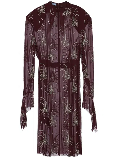 Prada Embroidered Georgette Dress In Dark Red