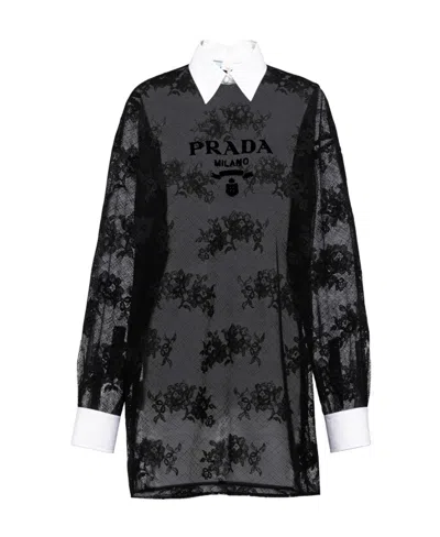Prada Embroidered Lace And Poplin Mini-dress In Black
