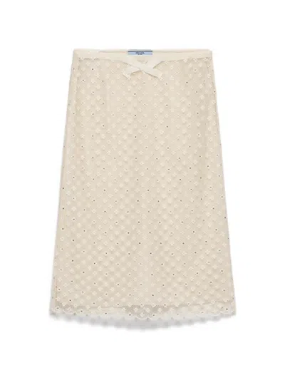 Prada Embroidered Lace Skirt In Neutral
