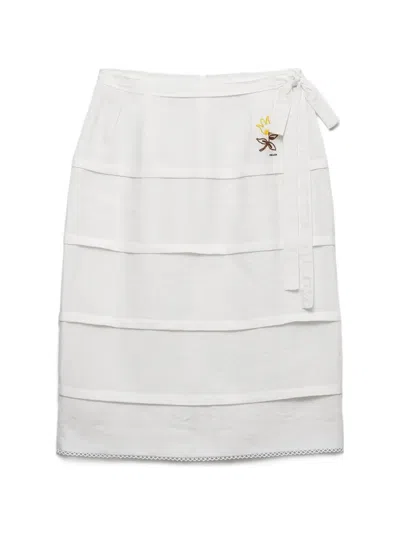 Prada Embroidered Slubbed Linen Skirt In Neutral