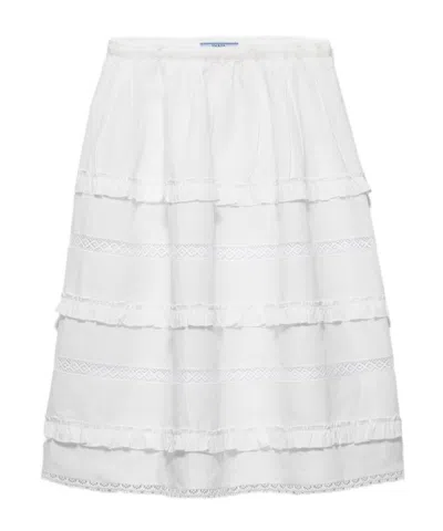 Prada Embroidered Linen Skirt In White