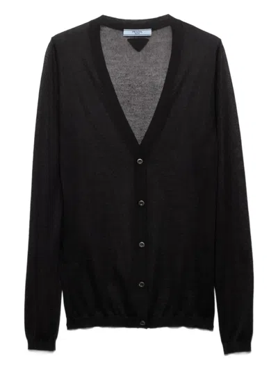 Prada Embroidered-logo Cardigan In Black