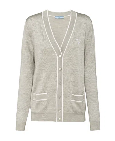Prada Embroidered-logo Cardigan In Grey