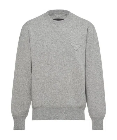 Prada Embroidered Logo Crew Neck Jumper In Grey