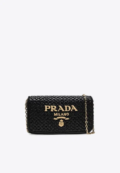 Prada Embroidered Logo Crochet Shoulder Bag In Black
