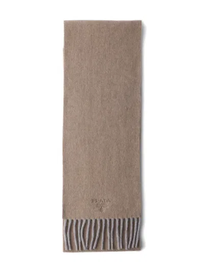 PRADA EMBROIDERED LOGO FRINGE SCARF