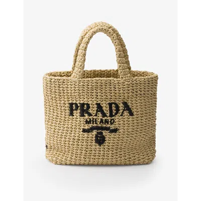 Prada Embroidered-logo Small Crochet Tote Bag In Beige Khaki