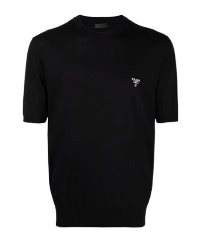 PRADA PRADA LOGO EMBROIDERED KNIT T-SHIRT