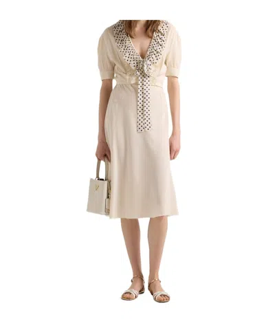 Prada Embroidered Marocain Dress In Neutral