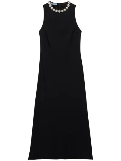 Prada Embroidered Midi Dress In Black