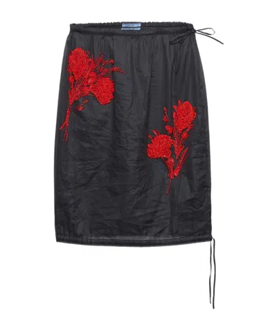 Prada Embroidered Organdy Midi-skirt In Black