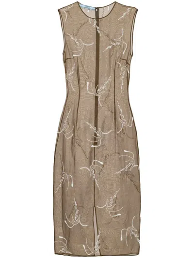 Prada Embroidered Sheer Silk Midi Dress In Green