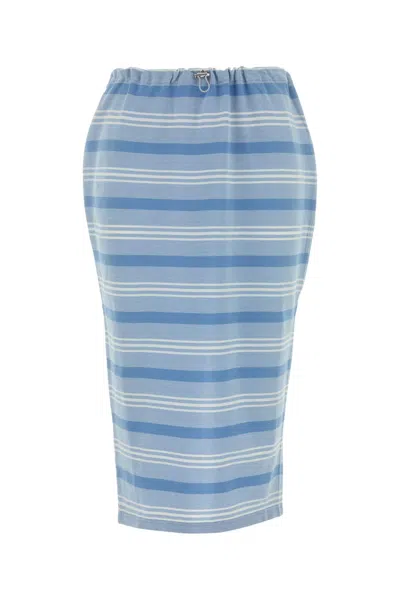 Prada Embroidered Piquet Midi Skirt Striped Waistband In Blue