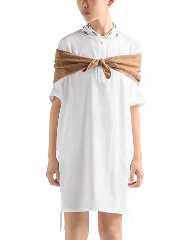 Prada Embellished Cotton-blend Mini Polo Dress In White