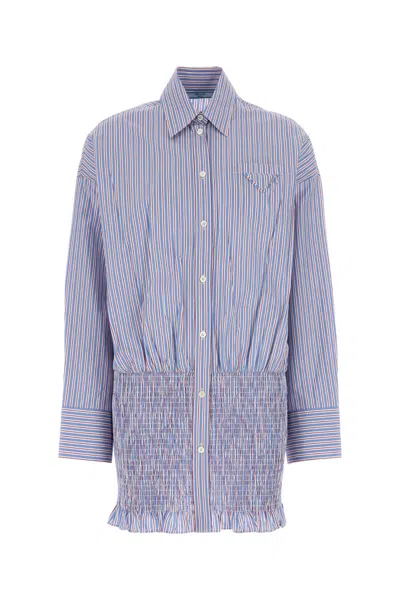 Prada Womens Light Blue Stripe-print Cotton-poplin Mini Shirt Dress In F0013 Azzurro