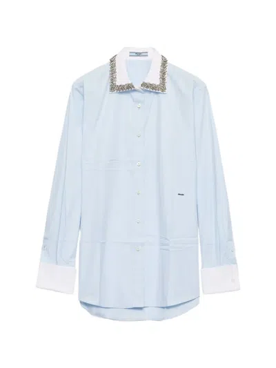 Prada Embroidered Poplin Shirt In Blue
