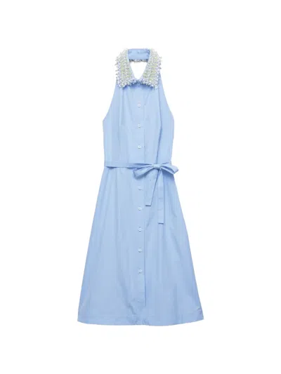 Prada Womens Light Blue Embroidered-collar Halter Cotton Poplin Shirt Dress In Multi