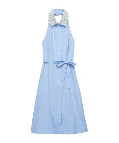 Prada Womens Light Blue Embroidered-collar Halter Cotton Poplin Shirt Dress In Multi