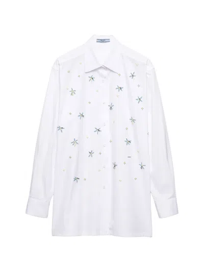 Prada Embroidered Poplin Shirt In White