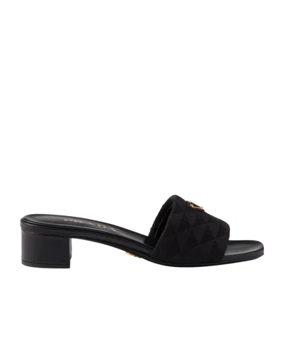 Prada Embroidered Fabric Slides In Black