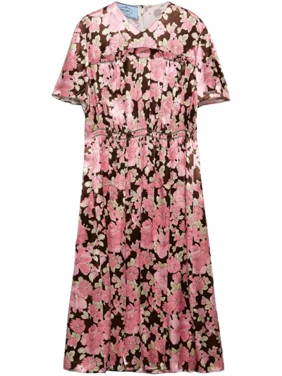 Prada Embroidered Satin Dress In Brown