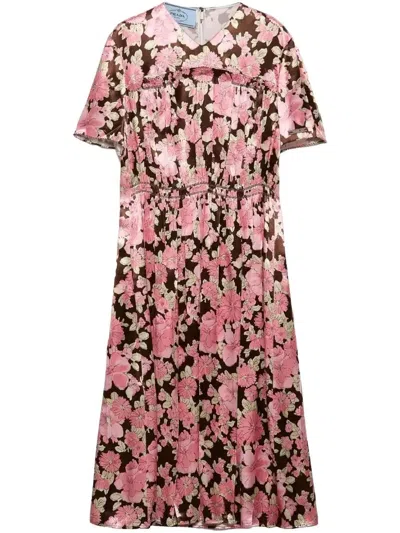 Prada Embroidered Satin Dress In Brown