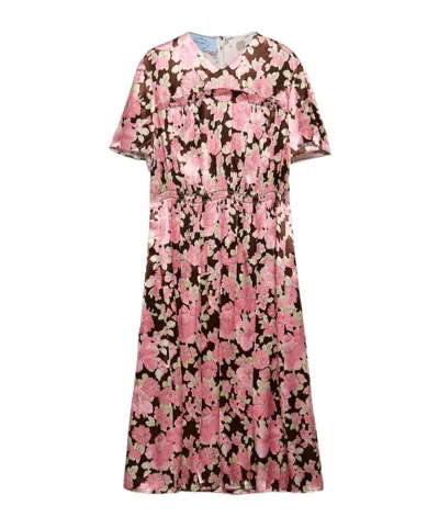 PRADA EMBROIDERED SATIN MIDI-DRESS