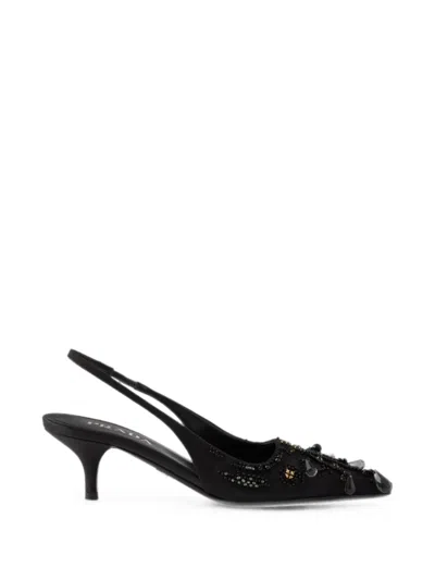Prada Embroidered Satin Slingback Pumps In Black
