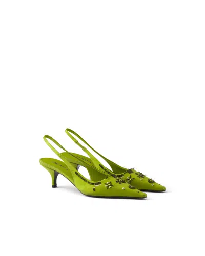 Prada Embroidered Satin Slingback Pumps In Green
