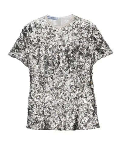 Prada Embroidered Sequin Top In Silver