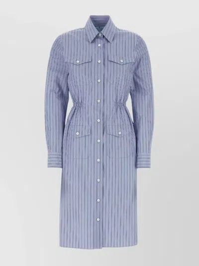 Prada Embroidered Chambray Shirt Dress In Blue