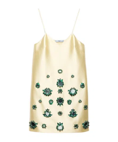 Prada Embroidered Silk And Wool Mini-dress In Cream