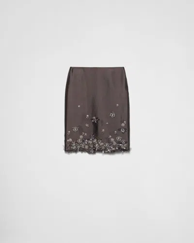 Prada Midi Skirt In Wool And Silk With Applications In Black