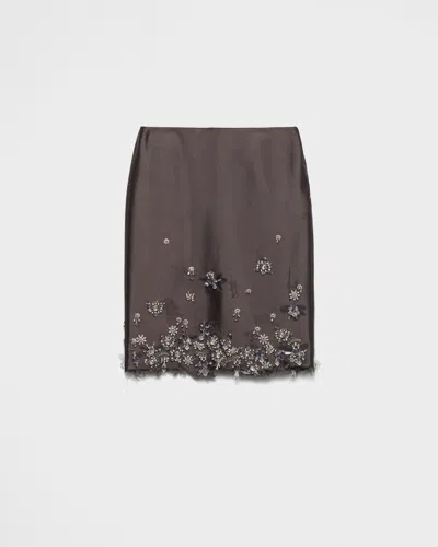 Prada Midi Skirt In Wool And Silk With Applications In Black