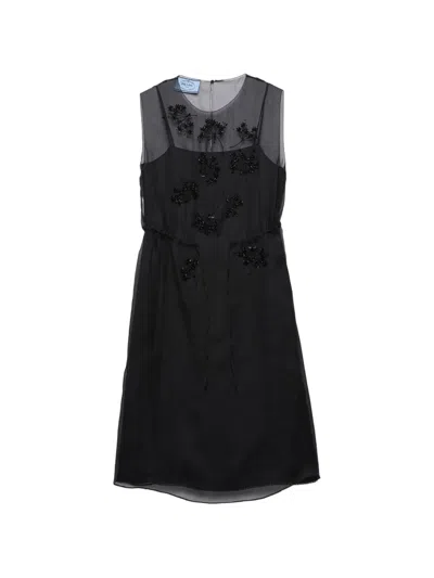 Prada Embroidered Silk Cigaline Dress In Black