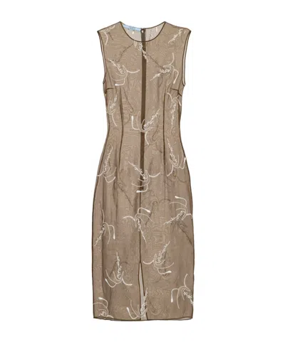 PRADA EMBROIDERED SHEER SILK MIDI DRESS