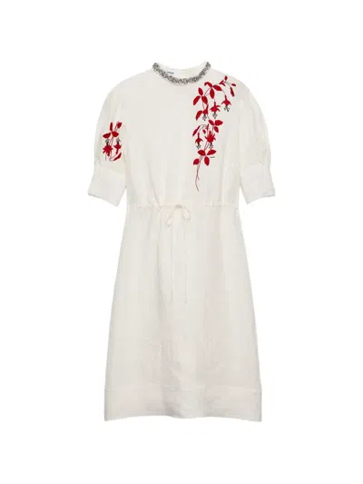Prada Embroidered Slubbed Fabric Midi Dress In White