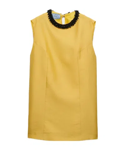 Prada Embroidered Slubbed Gazar Dress In Yellow